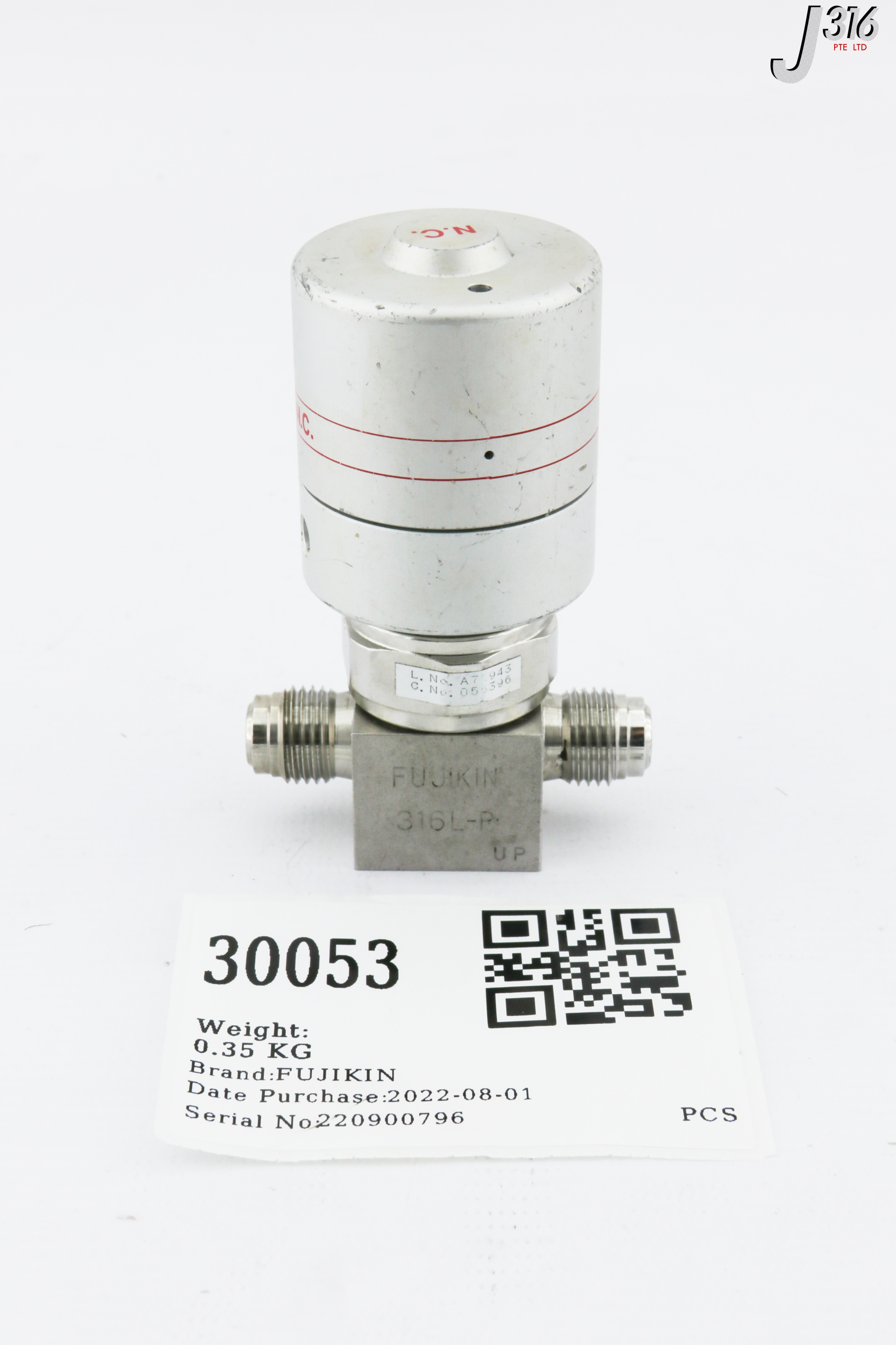 30053 FUJIKIN DIAPHRAGM VALVE, O.P. 0.34~0.49MPA, TYPE N.C. 055396